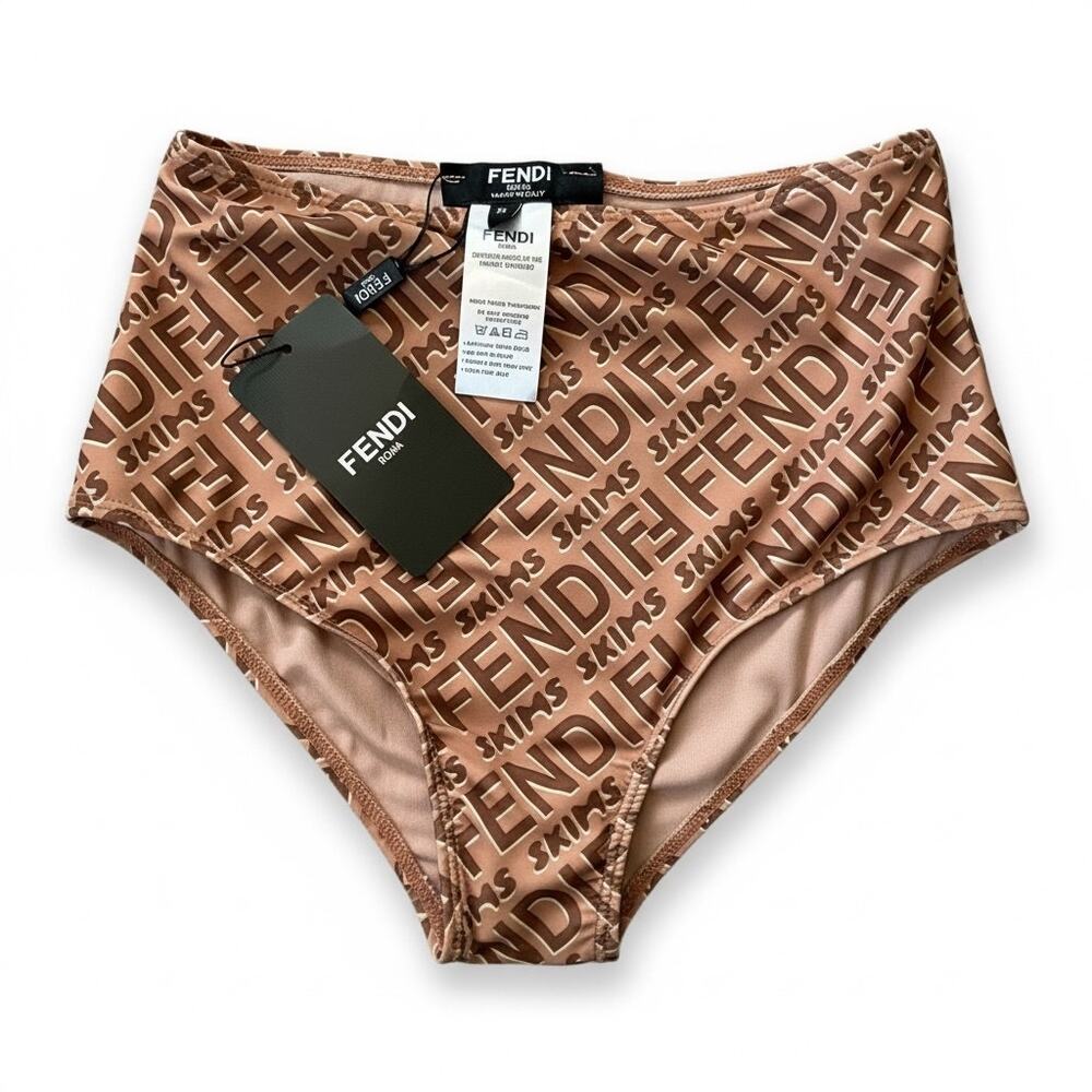 NWT RARE Fendi x Skims Cheeky High Waist Bikini Bottoms Brown Logo Print FITS 6